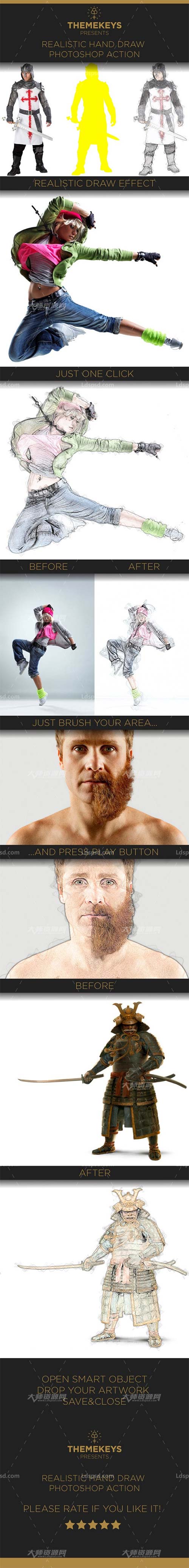 Realistic Hand Draw Photoshop Action,极品PS动作-逼真的手绘